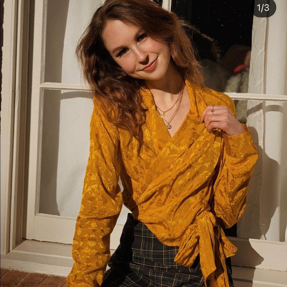 UO Gold Jacquard Silk Wrap Top